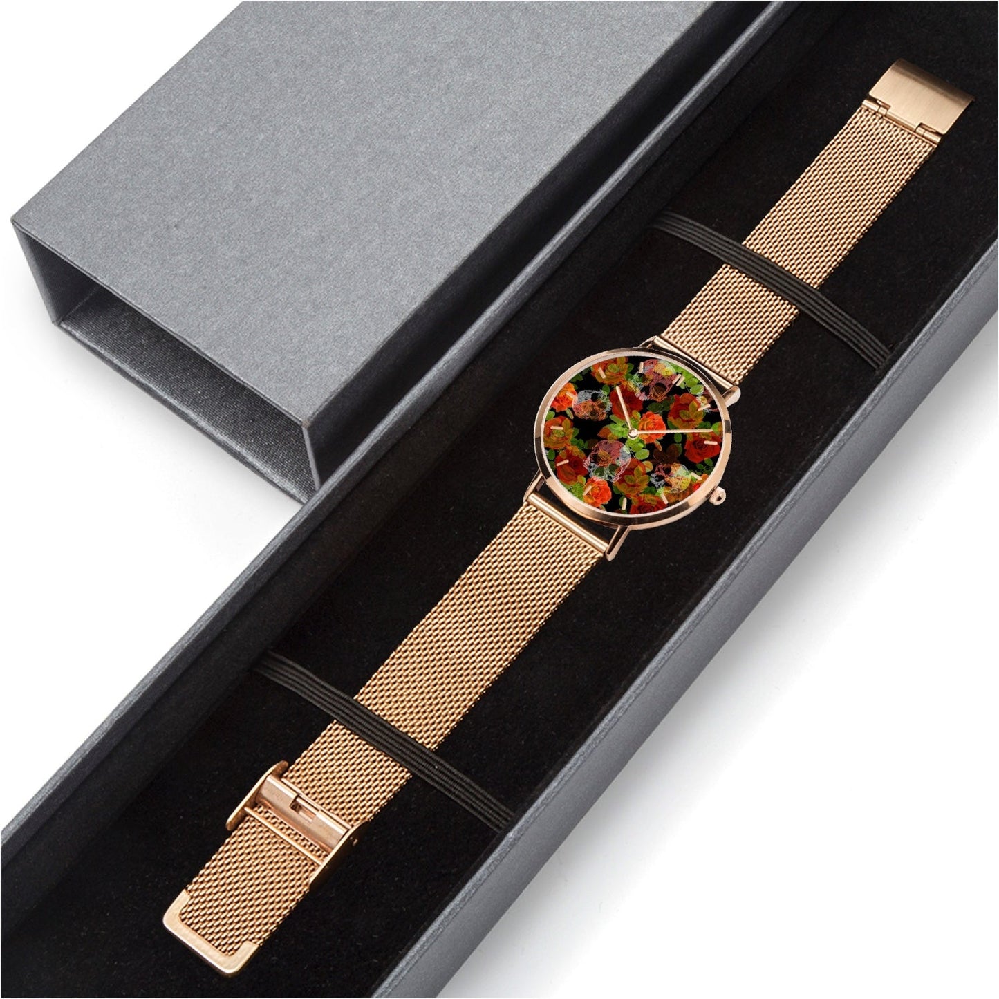 Reloj de cuarzo ultrafino de acero inoxidable con calaveras florales de Jacki Easlick