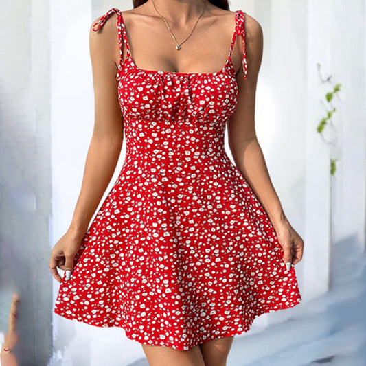 Vestido mini floral para mujer, con tirantes finos, sin mangas, con lazo en los hombros y volantes, estilo bohemio de verano