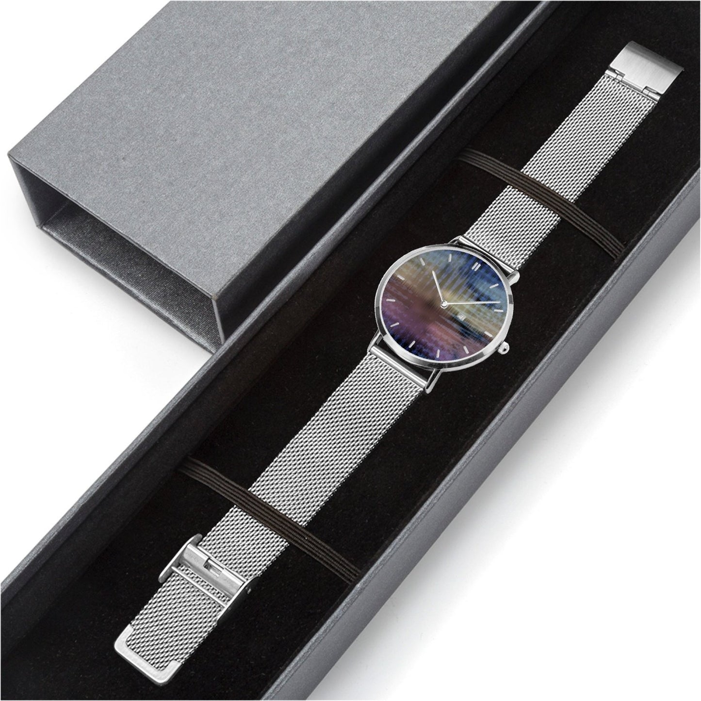 Reloj de cuarzo con calendario perpetuo de acero inoxidable iridiscente de Jacki Easlick