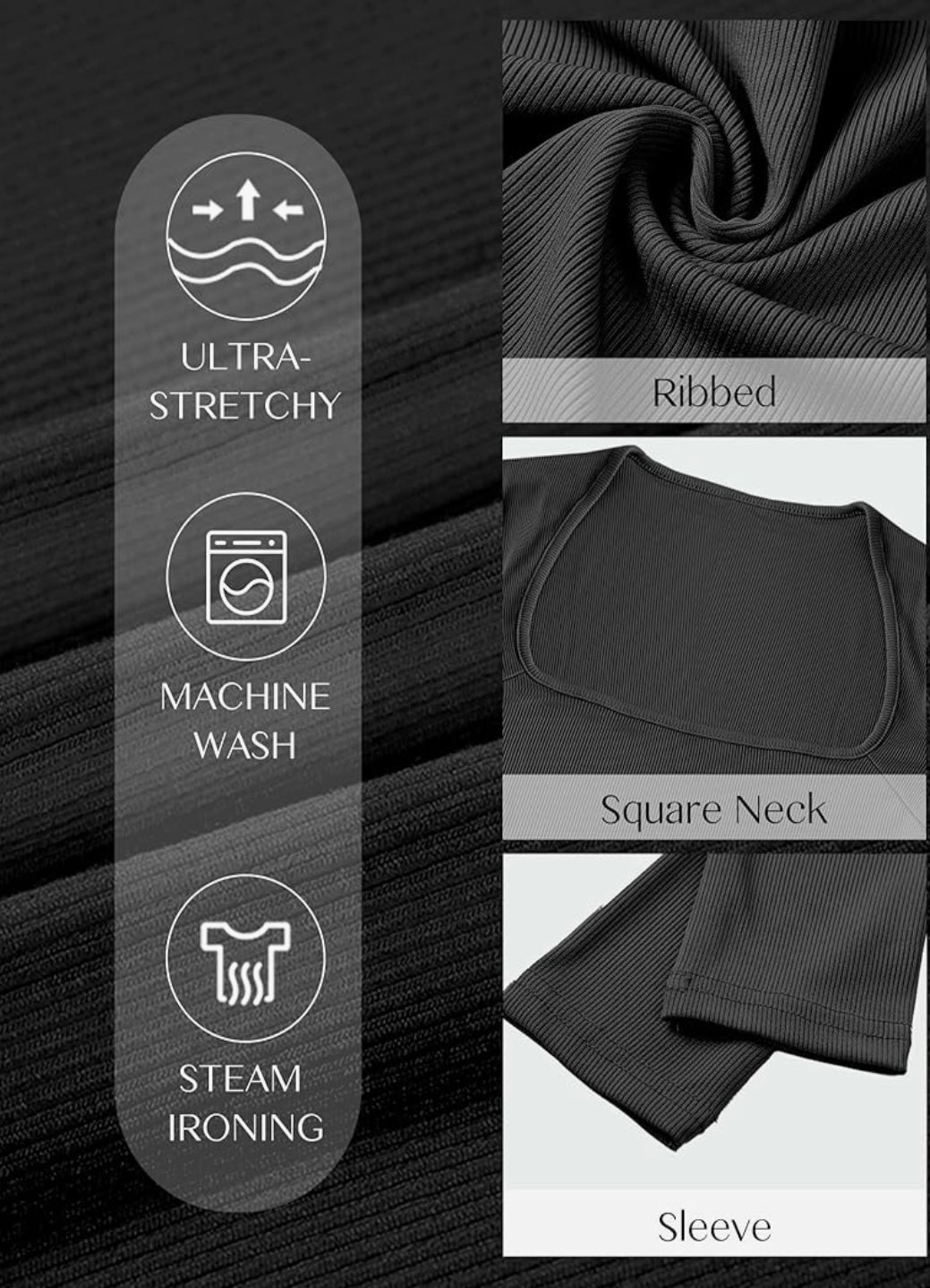 Hauts courts pour femmes, chemises à col carré, t-shirts courts à manches longues, Fitte