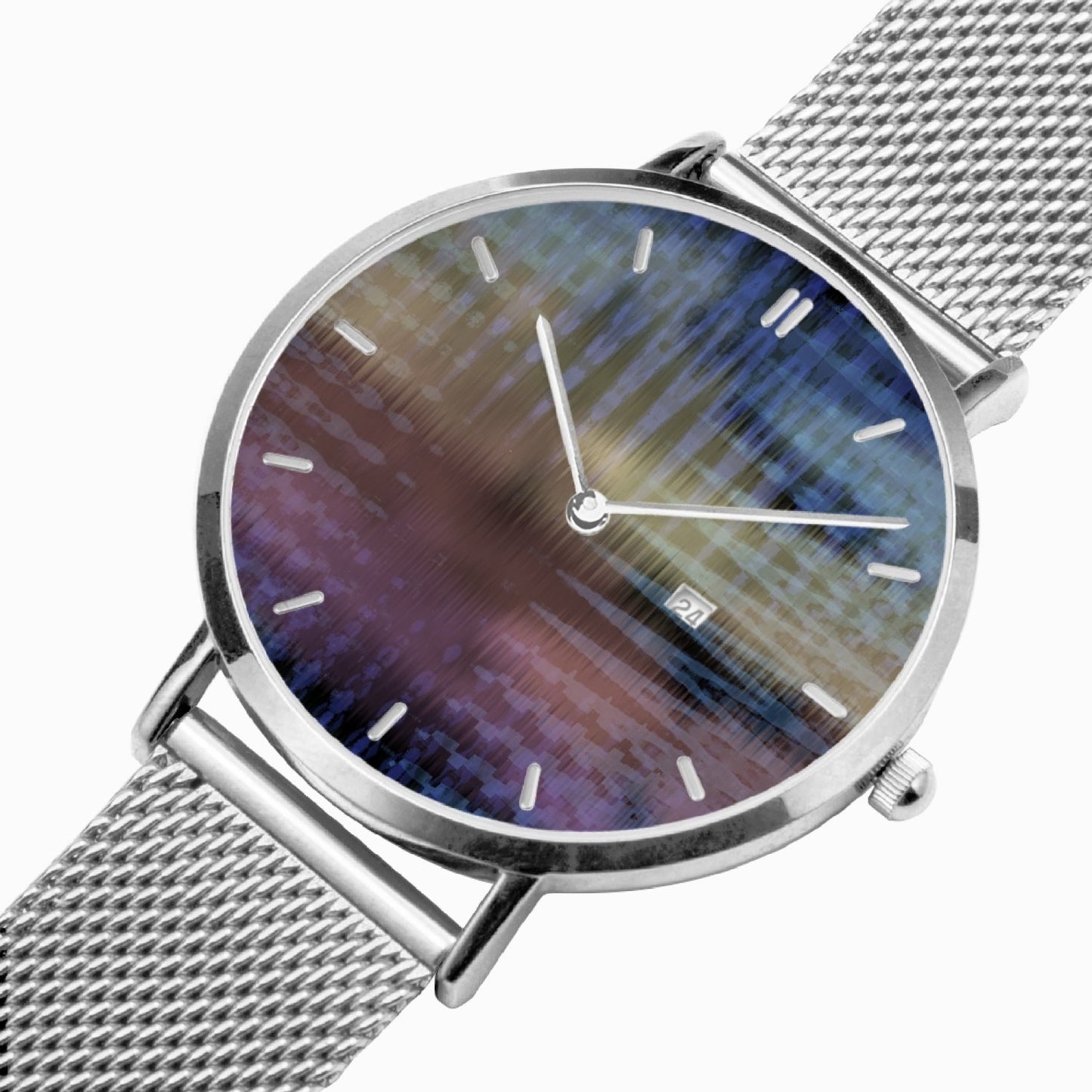 Reloj de cuarzo con calendario perpetuo de acero inoxidable iridiscente de Jacki Easlick
