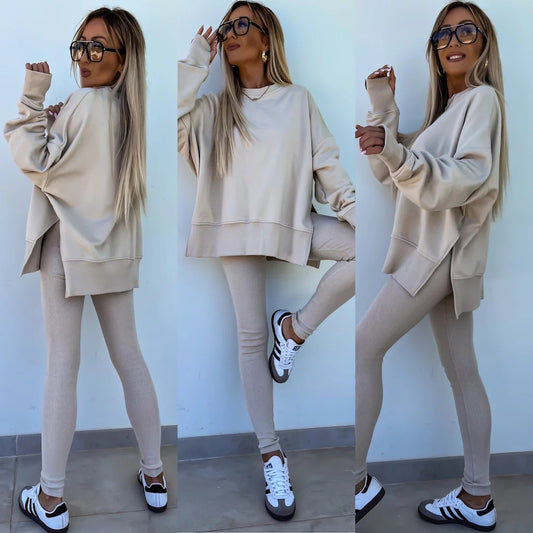 Ensemble pull décontracté ample à manches longues et col ras du cou pour femme, haut fendu et pantalon moulant