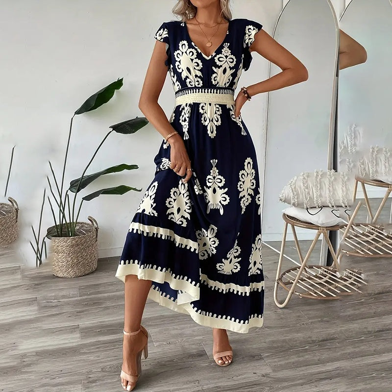 Robe longue d'été fluide pour femme, décontractée, manches courtes, col en V, taille smockée, robe de plage 