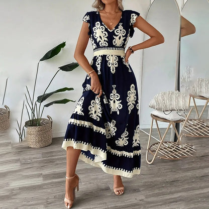 Robe longue d'été fluide pour femme, décontractée, manches courtes, col en V, taille smockée, robe de plage 