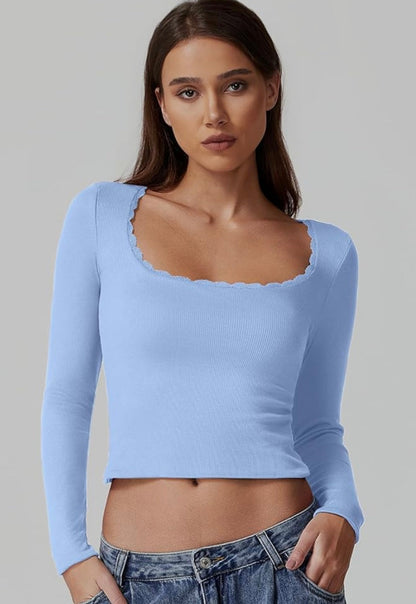 Chemise sexy à manches longues et col rond pour femme, coupe slim en dentelle côtelée