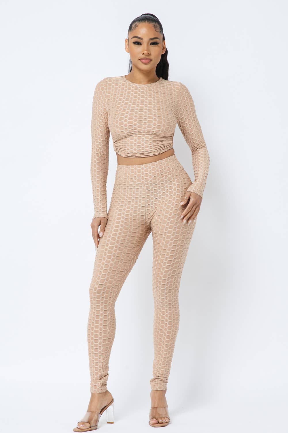 Ensemble haut et leggings à dos ouvert en nid d'abeille