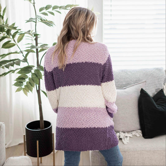 Color Block Balloon Sleeve Popcorn Cardigan