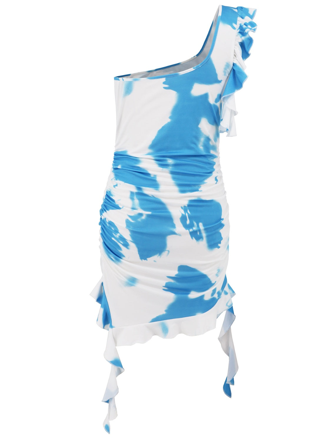 Vestido mini de un solo hombro con volantes y efecto tie-dye