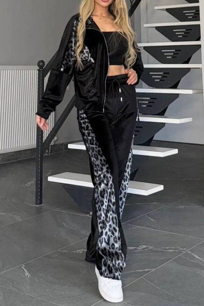 Ensemble haut et pantalon zippé léopard à col montant, grande taille
