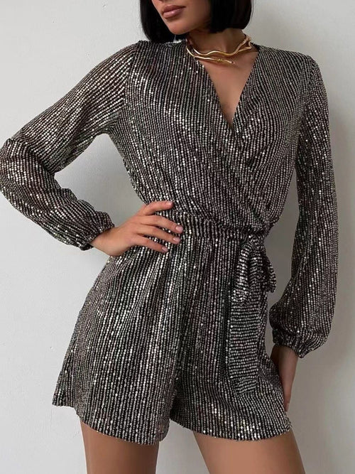 Combinaison à manches longues et surplis à sequins, taille nouée