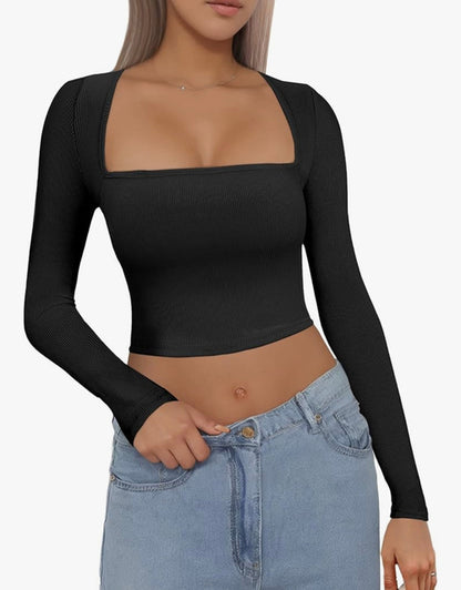 Hauts courts pour femmes, chemises à col carré, t-shirts courts à manches longues, Fitte