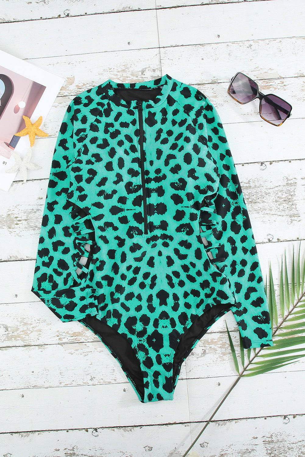 Traje de baño Rash Guard con cremallera y estampado de leopardo verde 