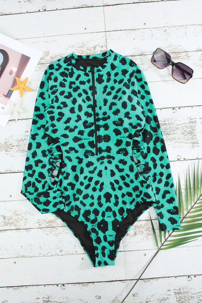 Traje de baño Rash Guard con cremallera y estampado de leopardo verde 
