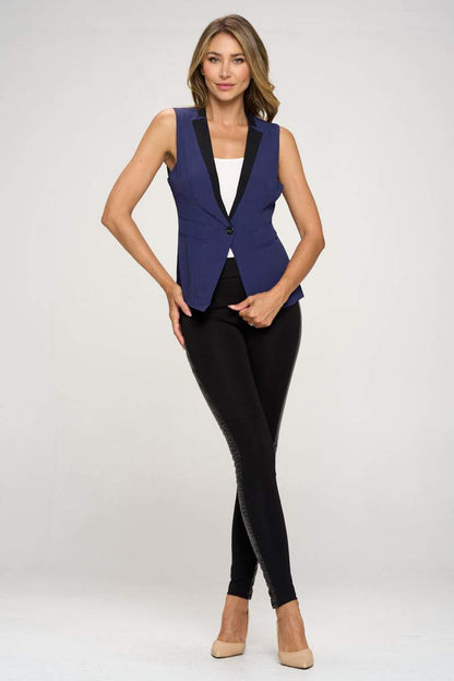 Gilet blazer sans manches à un bouton avec revers contrastés