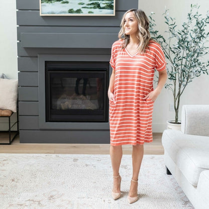 Stripe Rolled Short Sleeve V-neck Dress