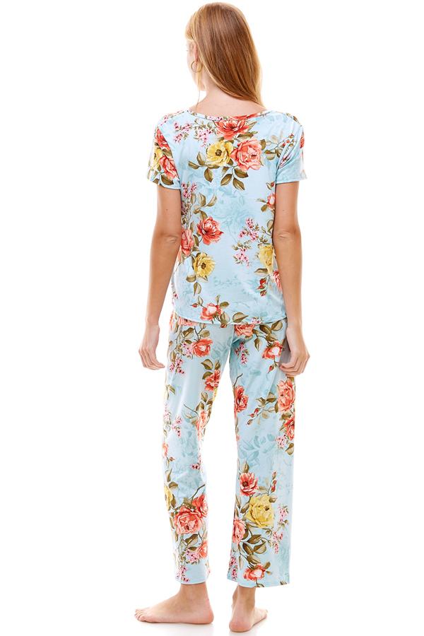 Ensemble de vêtements d'intérieur pour femme à manches courtes et pantalon à fleurs