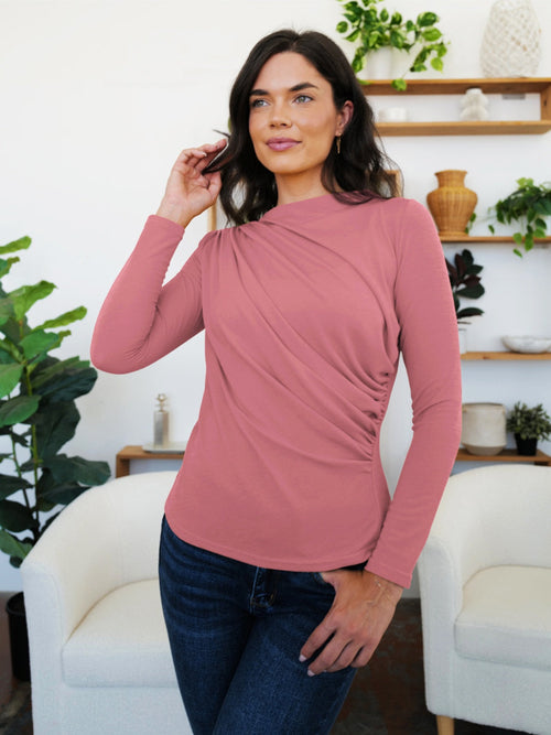 Camiseta de manga larga con cuello alto fruncido