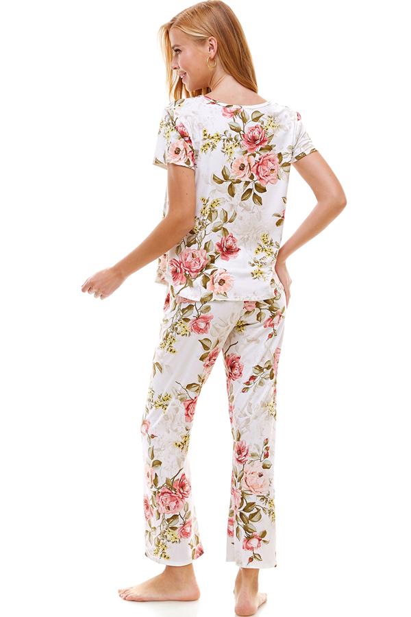 Ensemble de vêtements d'intérieur pour femme à manches courtes et pantalon à fleurs