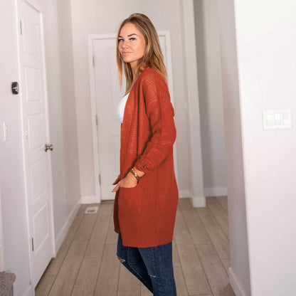 Pull cardigan ouvert à manches longues et poches en tricot gaufré