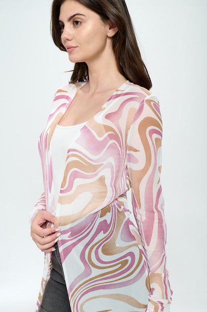 Cardigan long transparent pour femme avec imprimé tourbillon rétro