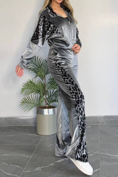 Ensemble haut et pantalon zippé léopard à col montant, grande taille