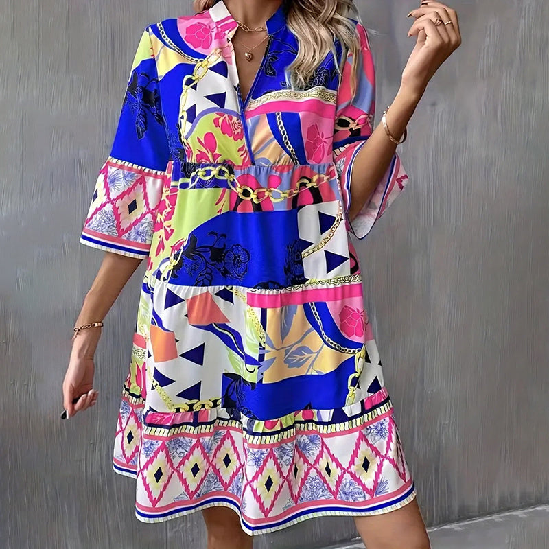 Vestido corto informal de mujer con escote en V, estampado, mangas acampanadas, plisado, para playa