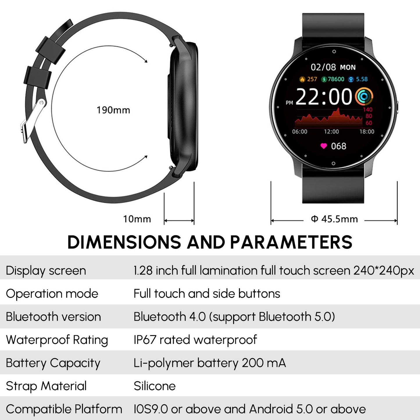 Reloj inteligente Bluetooth P67 resistente al agua con cámara y control remoto.