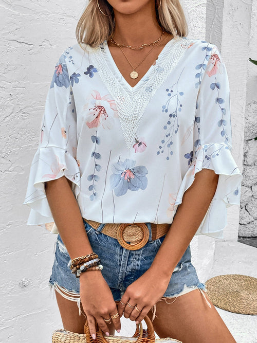 Blusa de media manga con escote en V, estampado con volantes color miel