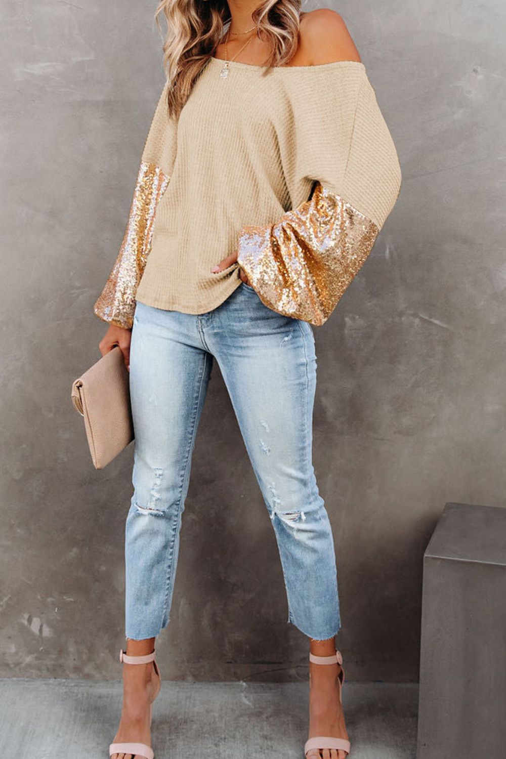 Blusa de punto gofre con lentejuelas