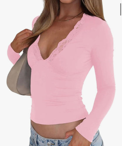 Hauts sexy en dentelle à manches longues et col en V profond pour femmes, basiques, extensibles et solides
