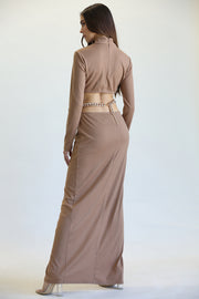 Long Sleeve Ribbed Maxi Dress with High-Neck & Cutout waist