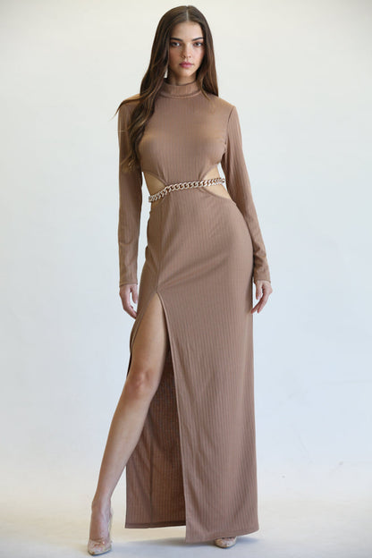 Long Sleeve Ribbed Maxi Dress with High-Neck & Cutout waist