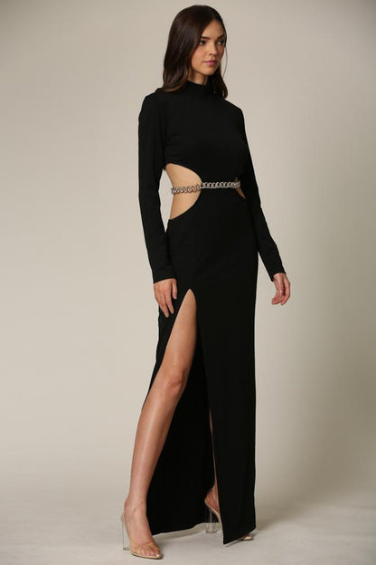 Long Sleeve Ribbed Maxi Dress with High-Neck & Cutout waist