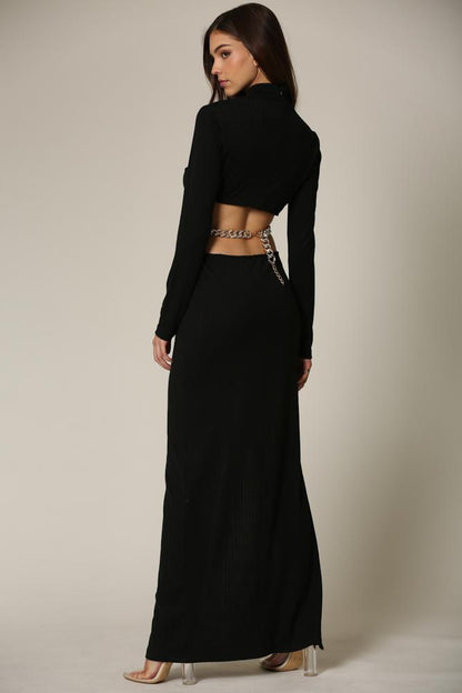 Long Sleeve Ribbed Maxi Dress with High-Neck & Cutout waist