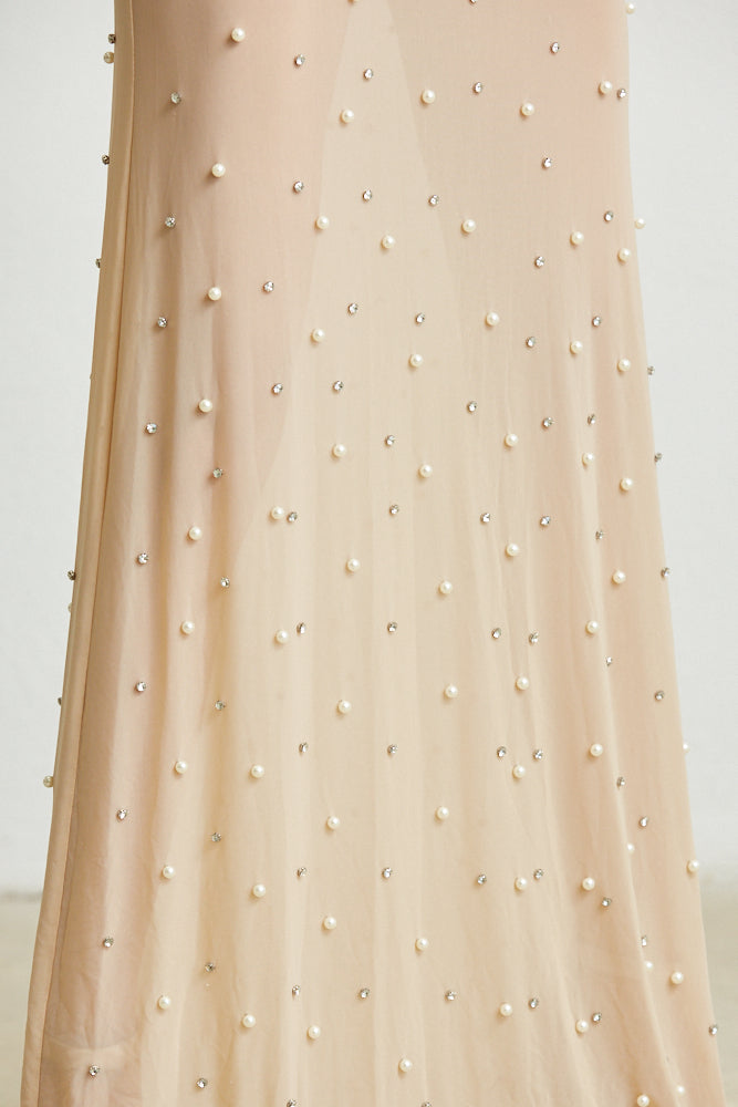Vestido largo transparente con puños de plumas sintéticas - Magnolia 