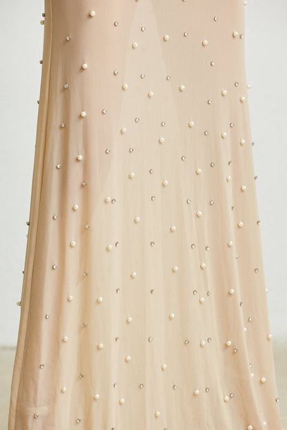 Vestido largo transparente con puños de plumas sintéticas - Magnolia 