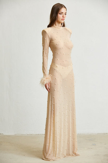 Vestido largo transparente con puños de plumas sintéticas - Magnolia 