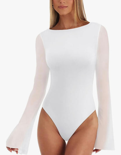 Body sexy en maille transparente pour femme – Col bateau, manches cloches