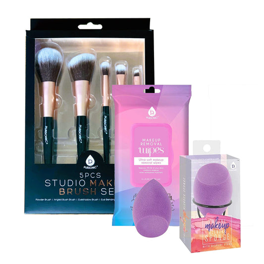 Paquete de artículos esenciales de maquillaje: brochas, toallitas y esponja para difuminar