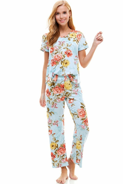 Ensemble de vêtements d'intérieur pour femme à manches courtes et pantalon à fleurs