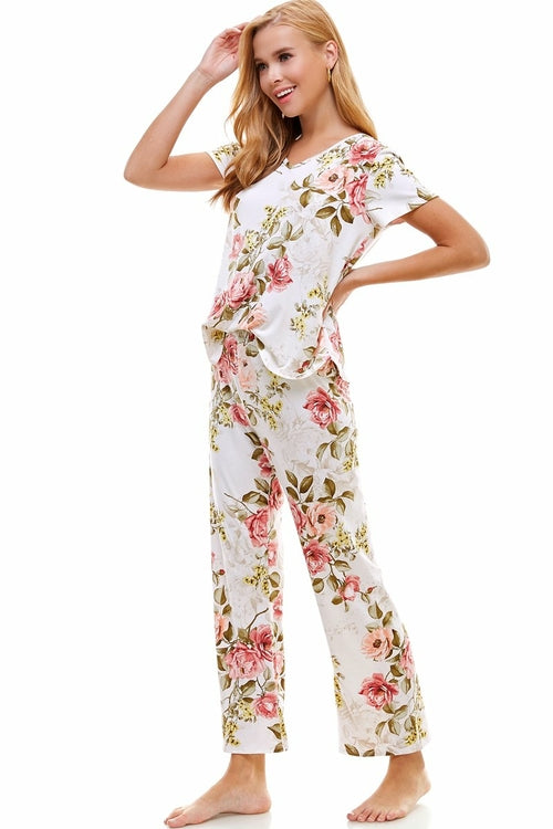 Ensemble de vêtements d'intérieur pour femme à manches courtes et pantalon à fleurs