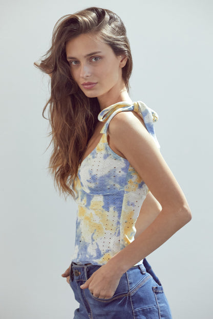 Tie-Strap Sleeveless Top with Eyelet Detail and Ruched Front