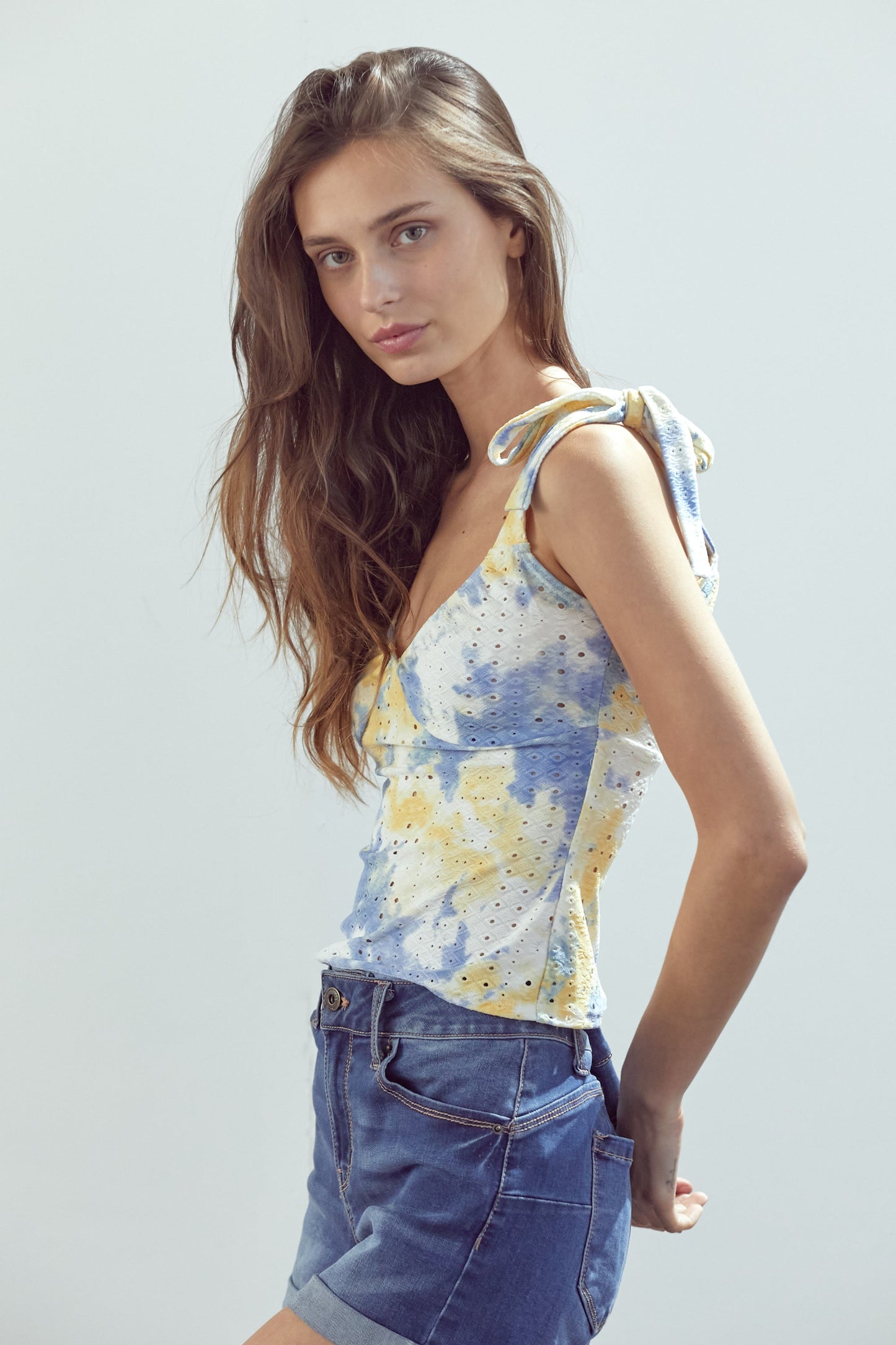 Tie-Strap Sleeveless Top with Eyelet Detail and Ruched Front