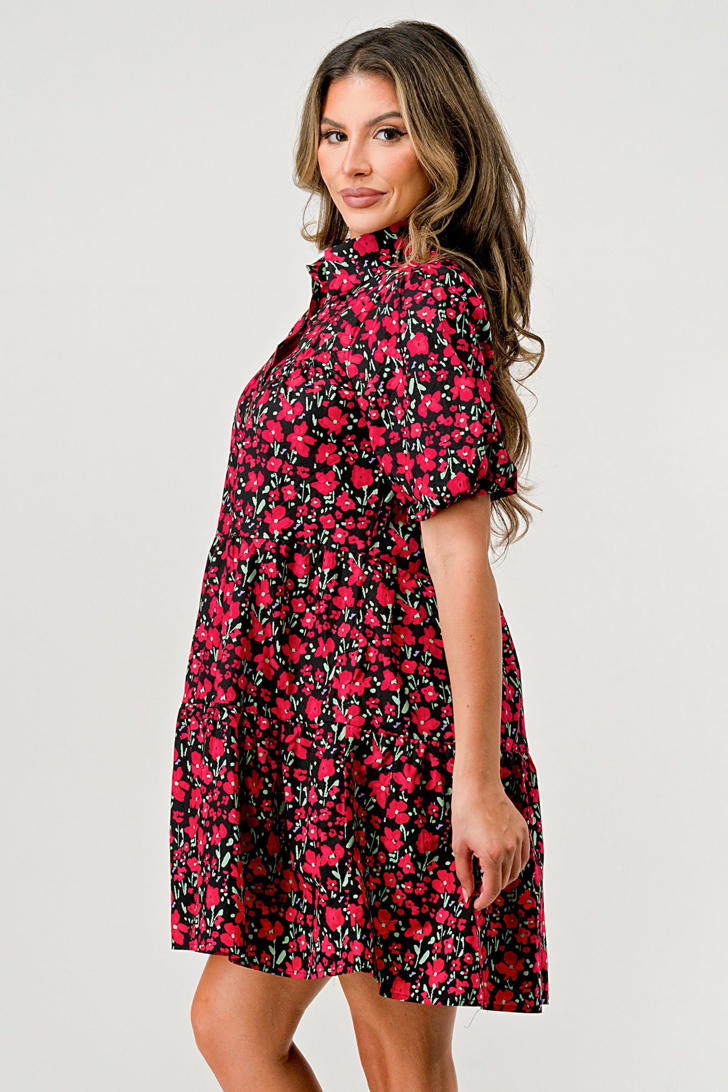 Floral Print Tiered Dress with Puff Sleeves - Button-Down Casual