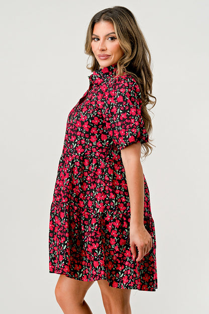Floral Print Tiered Dress with Puff Sleeves - Button-Down Casual