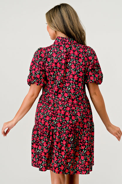 Floral Print Tiered Dress with Puff Sleeves - Button-Down Casual