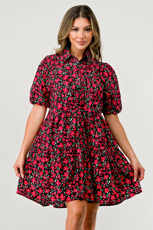 Floral Print Tiered Dress with Puff Sleeves - Button-Down Casual