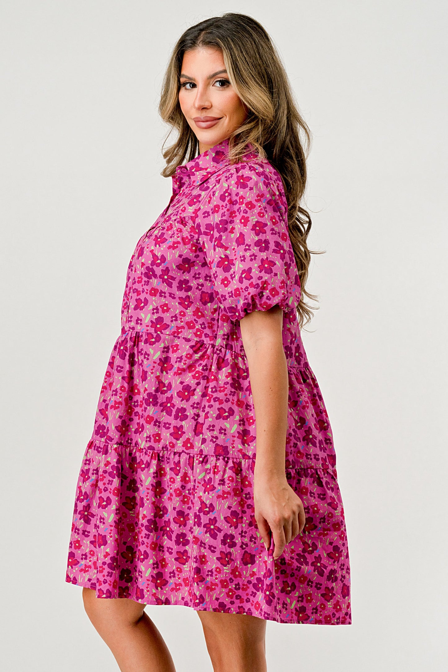 Floral Print Tiered Dress with Puff Sleeves - Button-Down Casual