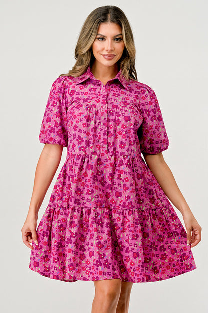Floral Print Tiered Dress with Puff Sleeves - Button-Down Casual
