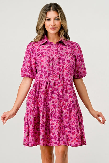 Floral Print Tiered Dress with Puff Sleeves - Button-Down Casual